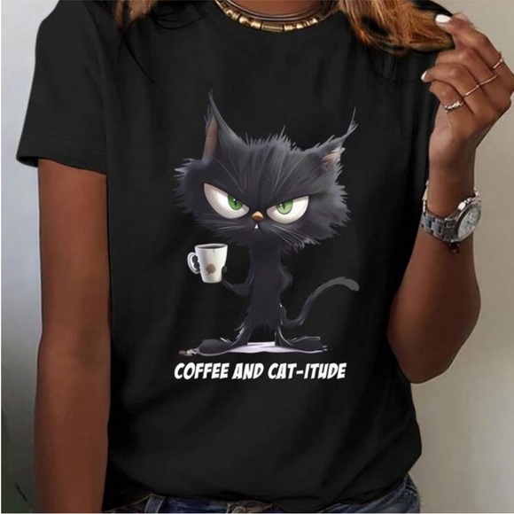 SHEIN Tops - Coffee and Cat-itude T-Shirt